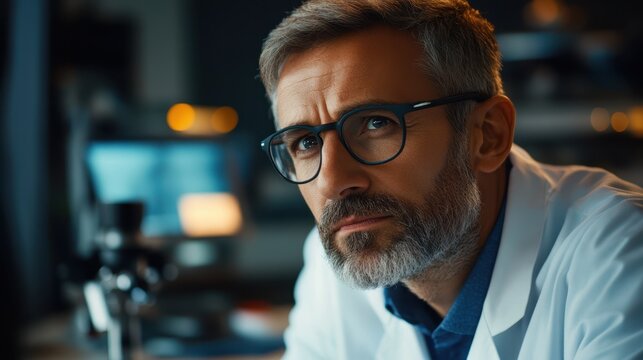 A focused man in a lab coat and tie examines data on a computer screen, showcasing professionalism and dedication in a scientific environment.
