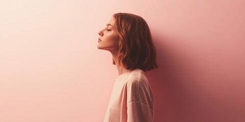Fototapeta premium A serene woman in arafed attire stands with closed eyes, embodying tranquility against a soft pink wall backdrop.
