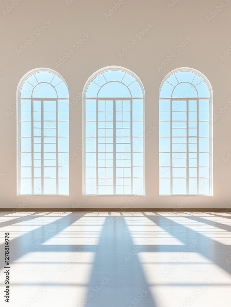 Aufkleber Minimalist Architecture Sunlit Arched Windows Casting Shadows on Polished Floors - Modern Workspace Design and Productivity Enhancement in Corporate Environments