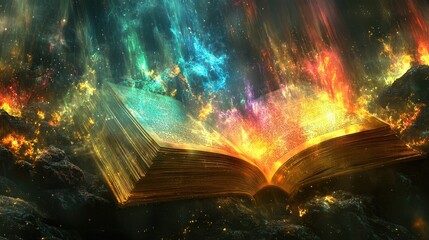 A magical, glowing book emerges from a cosmic background filled with vibrant colors and swirling light.
