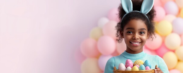 Fototapeta premium A cheerful little black girl wearing bunny ears holds an Easter basket filled with vibrant eggs. The soft pastel colors and blurred background create a joyful spring atmosphere with ample copy space