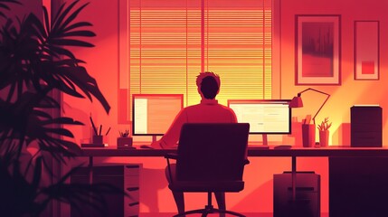 Fototapeta premium A person working late at a desk illuminated by warm light, surrounded by plants and decor