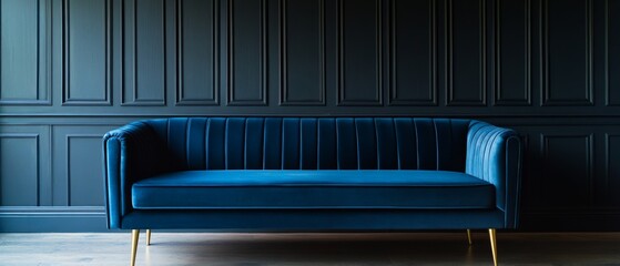 A plush blue sofa in an elegant setting, exuding luxury and modern design with a dark paneled backdrop.