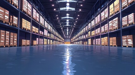 Fototapeta premium Vast Modern Warehouse With Shelves and Reflections on Wet Floor in Bright Lighting