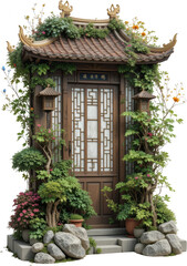 Lush Greenery Enveloping Traditional Asian Wooden Door and Pavilion Entrance