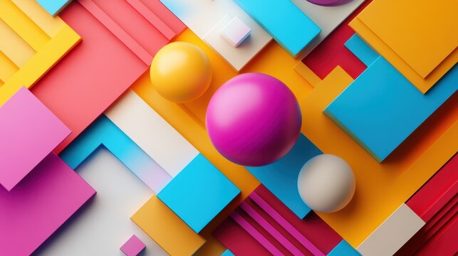 A vibrant abstract 3D render featuring a colorful geometric background design, characterized by dynamic shapes and a vivid color palette that creates an engaging and visually stimulating composition.