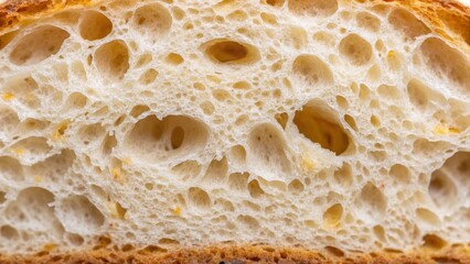sourdough and probiotic concept. Close-up of a slice of bread showing texture and air pockets.