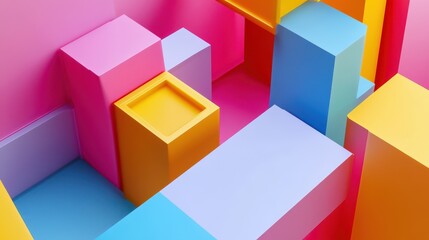 Obraz premium A vibrant abstract 3D render featuring a colorful geometric background design, characterized by dynamic shapes and a vivid color palette that creates an engaging and visually stimulating composition.