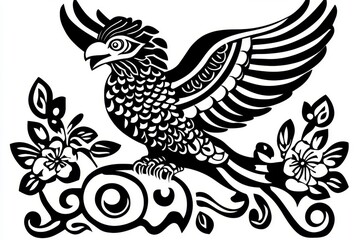 Obraz premium A black and white illustration of a stylized eagle with its wings spread wide The eagle is perched on a decorative, swirling branch