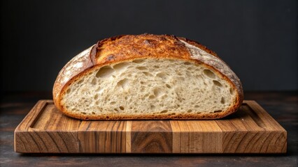 sourdough and probiotic concept. Freshly baked artisanal bread on a wooden cutting board.