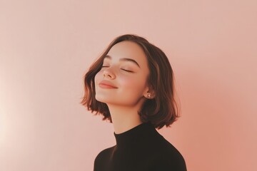 Fototapeta premium A serene woman in a black top, eyes closed, exudes tranquility and introspection, capturing a moment of peace and reflection.