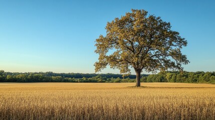Obraz premium Lone tree stands majestically in golden field under clear blue s