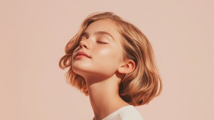 Obraz premium A serene blond woman with closed eyes, dressed in a white shirt, exudes tranquility and introspection in a peaceful setting.