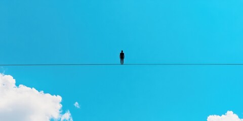 Dramatic Minimalism Tightrope Walker Against Blue Sky, Capturing Courage in High-risk Ventures - Inspiring Content for Leadership Development and Risk Management Campaigns
