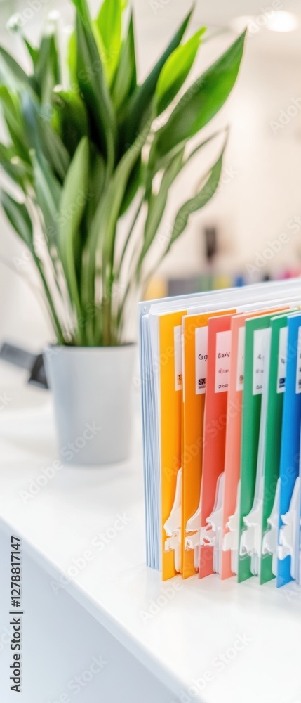 Poster Minimalist Healthcare Office Colorful Document File System with Labels on White Desk for Streamlined Medical Administration and Modern Office Aesthetics