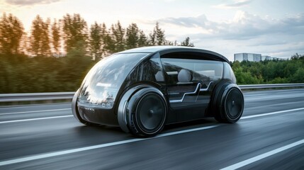 A self-driving electric car on a highway