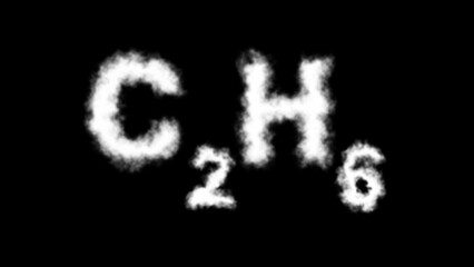 A C₂H₆ (ethane) molecule symbol with a smoke cloud text effect on a black background, representing its use as a fuel, industrial applications, and chemical properties