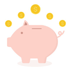 Piggy bank with dollar coin.Money saving, fund investment cute cartoon flat design isolated on white background.Vector graphic illustration.