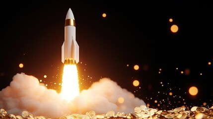 Obraz premium A rocket lifts off from a cloud of smoke and flames, illuminating the dark background with bright sparks, symbolizing innovation and exploration.