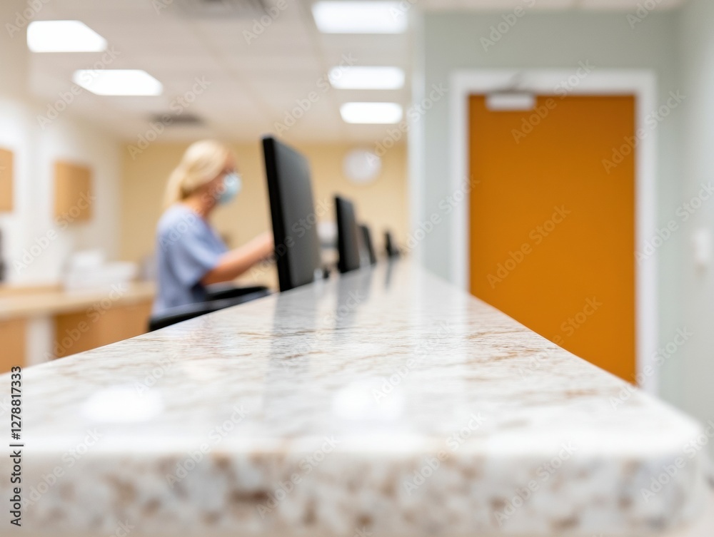 Aufkleber Modern Healthcare Reception Granite Desk with Computers in Focus - Clean Design for Efficient Patient Interaction and Contemporary Hospital Environment