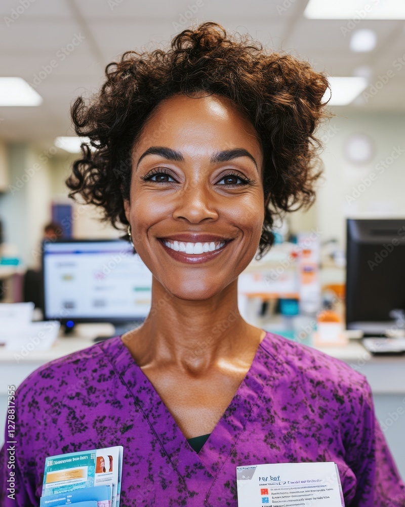 Poster contemporary welcoming healthcare reception smiling african american receptionist with informative b