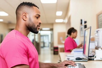 Fototapeta premium Modern Healthcare Coordination Diverse Professionals at Digital Reception Desk in a Minimalist Hospital Setting Streamlined Patient Registration and Workflow Efficiency