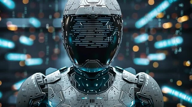 Futuristic robot with glowing patterns in high-tech environment showcasing artificial intelligence in 4K