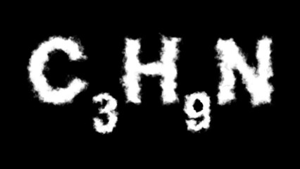 Fototapeta premium A C₃H₉N (trimethylamine) molecule symbol with a smoke cloud text effect on a black background, representing chemical properties, industrial applications, and strong odor characteristics