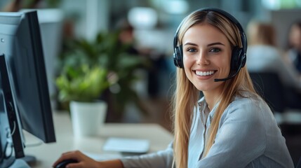 Smiling Female Customer Support Agent Wearing Headset, with computer Display