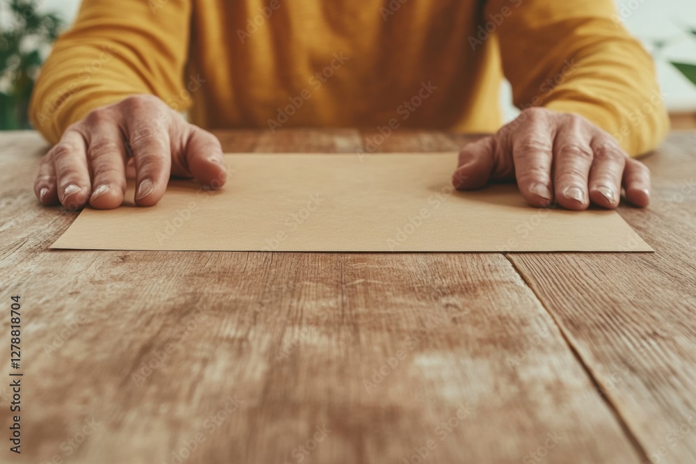 Poster Minimalist Business Document Display Hands on Rustic Wooden Table - Professional Content Creation and Corporate Presentation Enhancement for Modern Office Culture