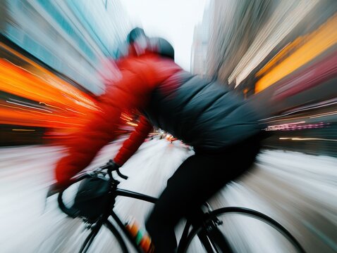 Dynamic Urban Commuter Cyclist in Motion with Modern Office Buildings - Fast-Paced Corporate Lifestyle and Integrated Business Mobility Content