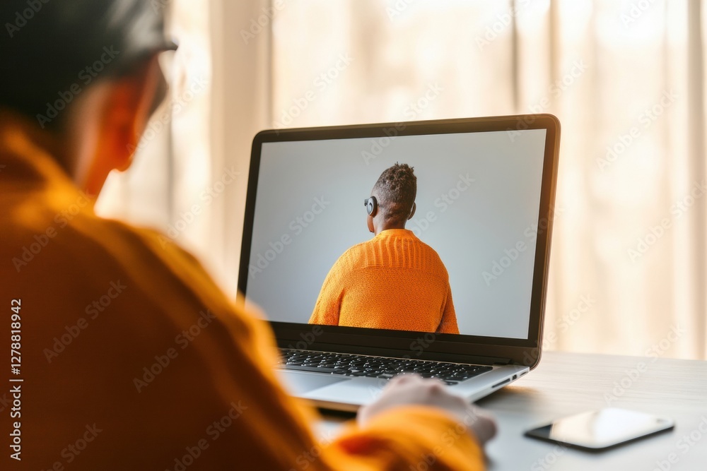 Leinwandbilder minimalist hybrid interview transgender hr manager (35) engages virtual candidate via laptop - inclu