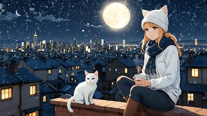 Anime girl with white cat sitting on rooftop overlooking city under full moonlight. Seamless looping 4K time-lapse animation video background - Powered by Adobe