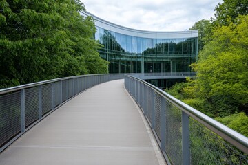 Fototapeta premium A contemporary university building featuring curved glass architecture and lush greenery, representing innovation, education, and modern design