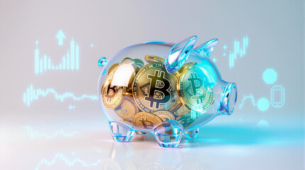 Cofrinho transparente cheio de moedas de Bitcoin com gr&aacute;ficos digitais ao fundo, simbolizando economia digital, investimento em criptomoedas e crescimento financeiro.