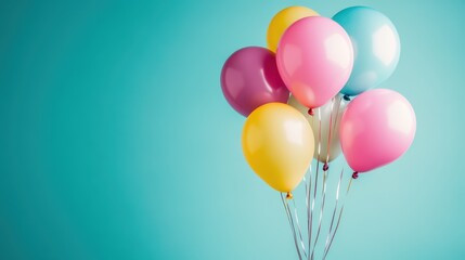A vibrant bunch of birthday helium balloons in pink, blue, and yellow floats against a teal background, creating a festive atmosphere perfect for a happy anniversary party celebration.
