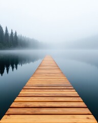 Obraz premium Scenic Minimalist Nature Wooden Dock on Misty Lake for Travel Branding and Eco-Friendly Adventure Visuals - Inspiring Sustainable Exploration Content
