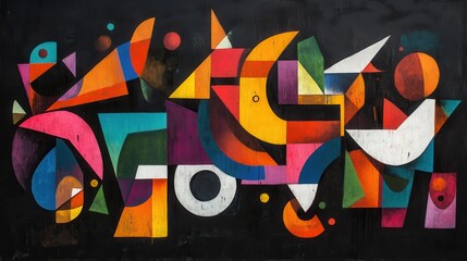 A vibrant graffiti artwork showcases dynamic shapes and bold colors set against a dark background.