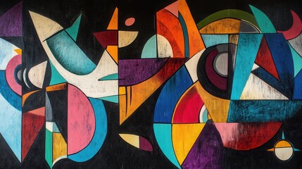 Fototapeta premium A vibrant graffiti artwork showcases dynamic shapes and bold colors set against a dark background.