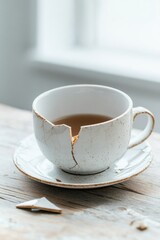 Fototapeta premium Broken teacup symbolizes the fragility of relationships and the weight of accumulated complaints