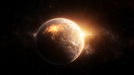 Obraz premium A stunning view of Earth illuminated by a bright sunrise, showcasing vibrant continents and the vastness of space.