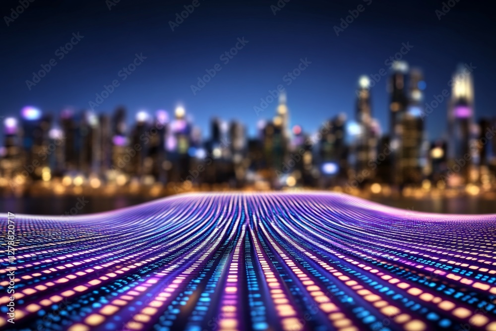 Aufkleber A futuristic city skyline with abstract data visualizations and glowing elements representing technology and analytics