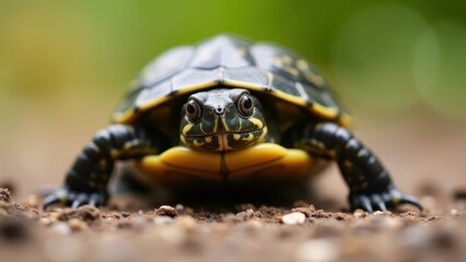 Obraz premium A baby box turtle on the ground, looking directly at the camera.