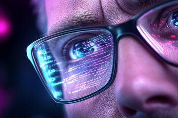 A futuristic scene with diverse individuals in glasses, illuminated by vibrant neon lights, reflecting themes of technology and connection