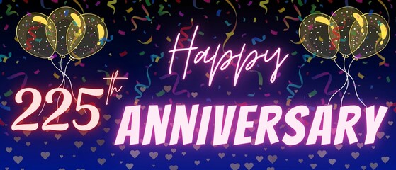 225th anniversary neon calligraphy text and number. Confetti and balloon isolated on elegant blue gradient background, sparkle, design for greeting card, print. Two hundred twenty five anniversary