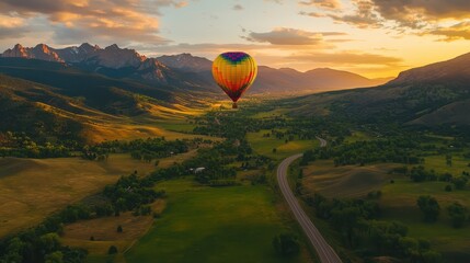 Fototapeta premium A vibrant hot air balloon ascends over a lush green valley with a road winding through the landscape and majestic mountains in the background at sunrise.