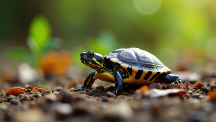 Obraz premium A baby box turtle on the ground with a blurred natural background.