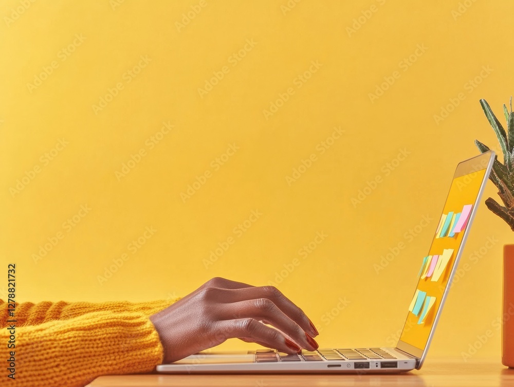 Poster bright minimalism in remote work diverse hands on sleek laptop with sticky notes - vibrant home work