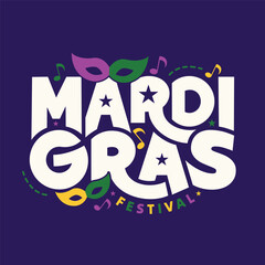 Mardi Gras festival celebration poster, banner, greeting card with mask and music icons. Mardi Gras typography vector illustration.  Fat Tuesday is the final day of Carnival. Traditional annual Fest © Ashek Vector