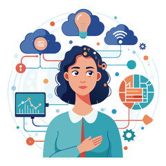Woman thinking, digital brain with binary code, cloud, data layers with circuit. Ideal for AI, cloud computing, data analysis, innovation, technology digital transformation artificial intelligence 

